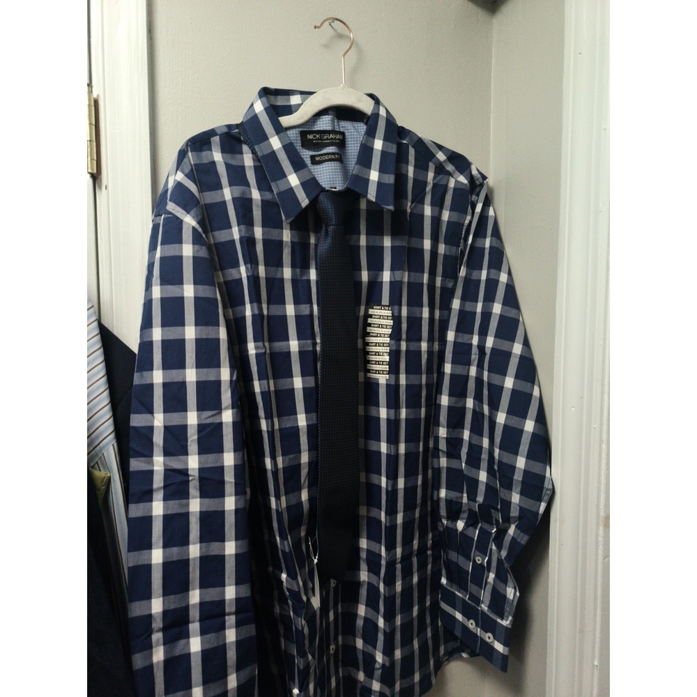 Nick Graham Modern Fit Men's Cotton Dress Shirt & Tie Set Blue 2XL 18-18.5 36-37 - Picture 1 of 12